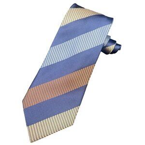 Ben Silver Men's Tie 100% Silk Orange Blue Yellow Handmade Stripe 3.5" x 60" EUC